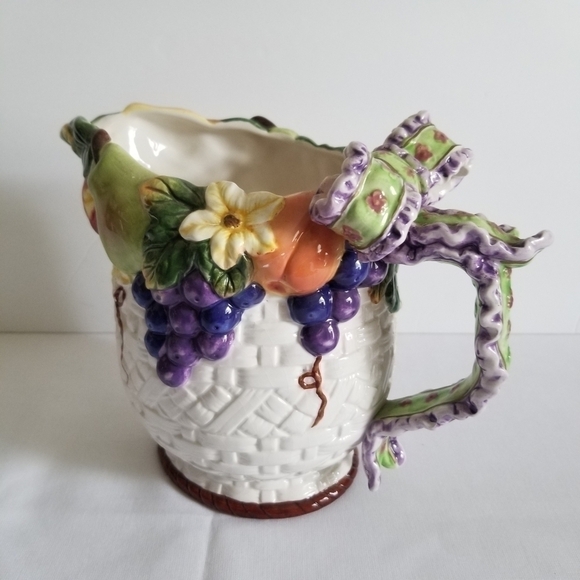 Ceramic Fruit Basket Weave Pitcher Ribbon Handle - Picture 2 of 8